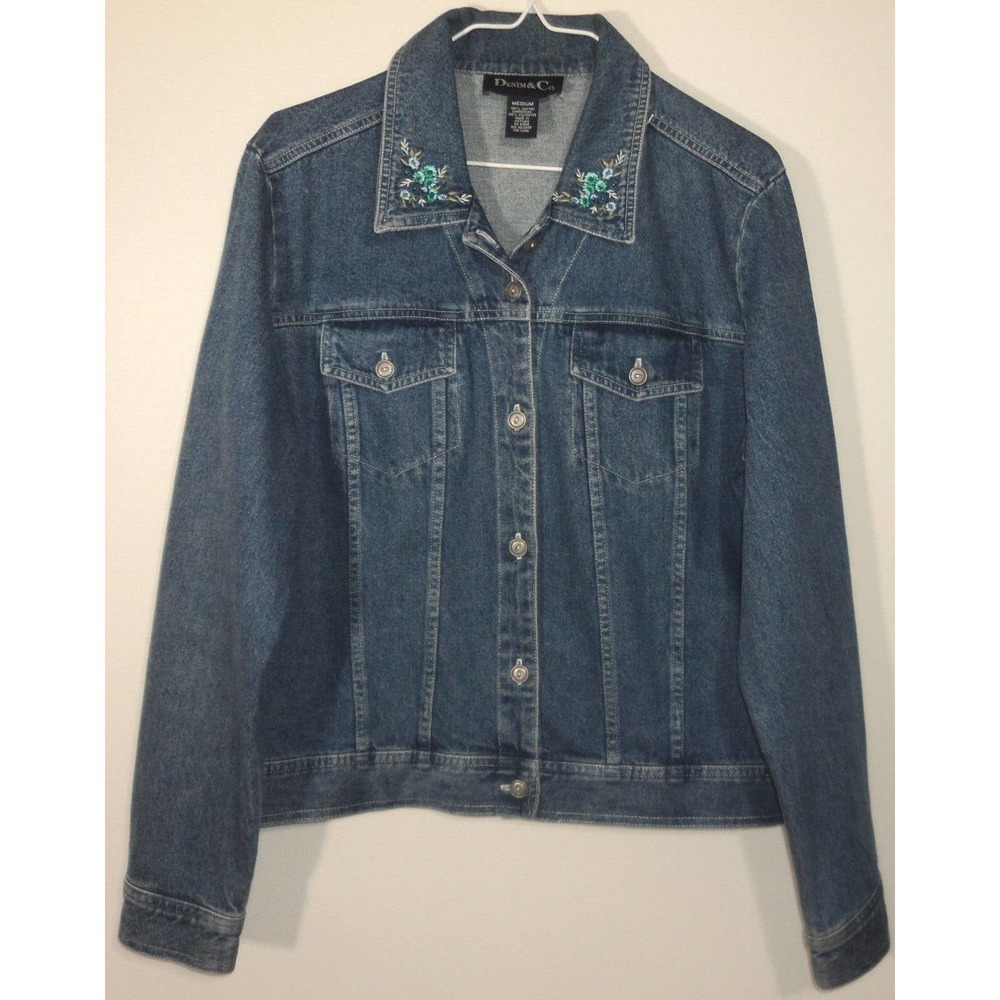 Denim & Co Womens M Medium Jean Jacket Blue Denim Embroidered Flowers On Collar